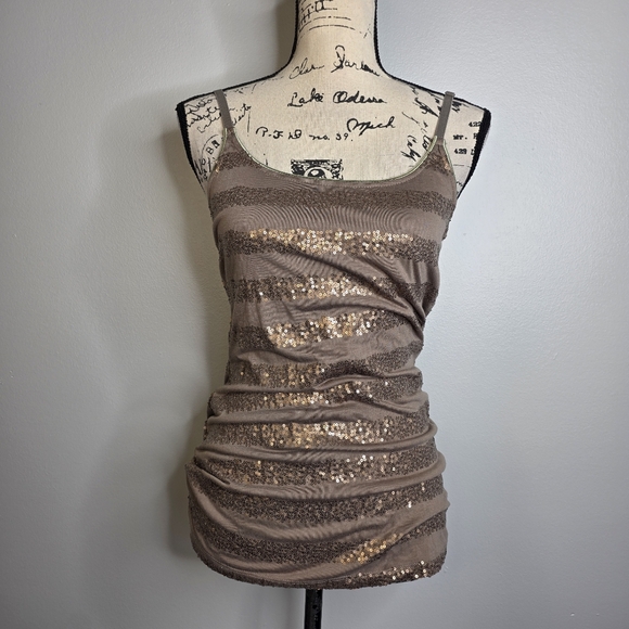 Daytrip Tops - Y2K ​Daytrip Sequin Striped Camisole Tank Top Taupe Brown Medium